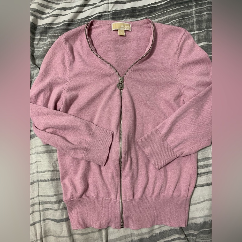 Michael Kors, rose colored 3/4 sleeve zip front sweater